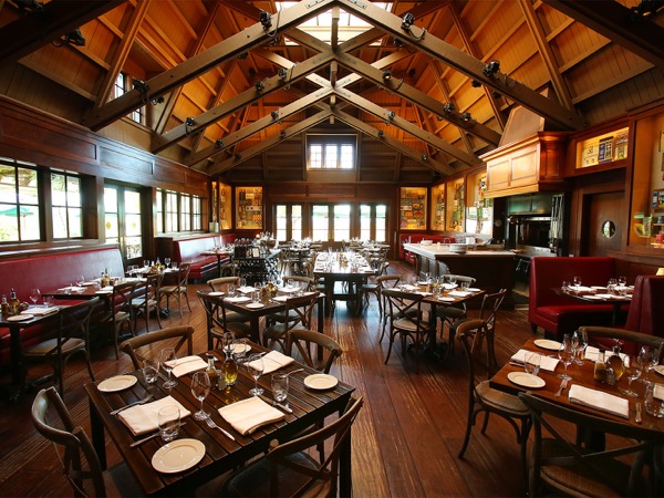 Soaring, wood-paneled dining room at Rustic at Francis Ford Coppola Winery 