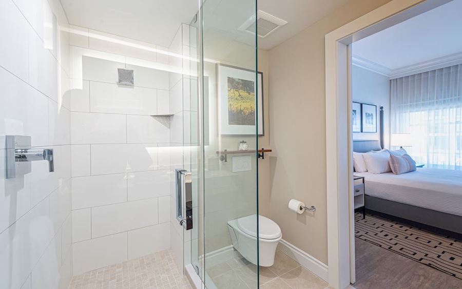 Bathrooms at Hotel E in downtown Santa Rosa use low-flow toilets and shower fixtures