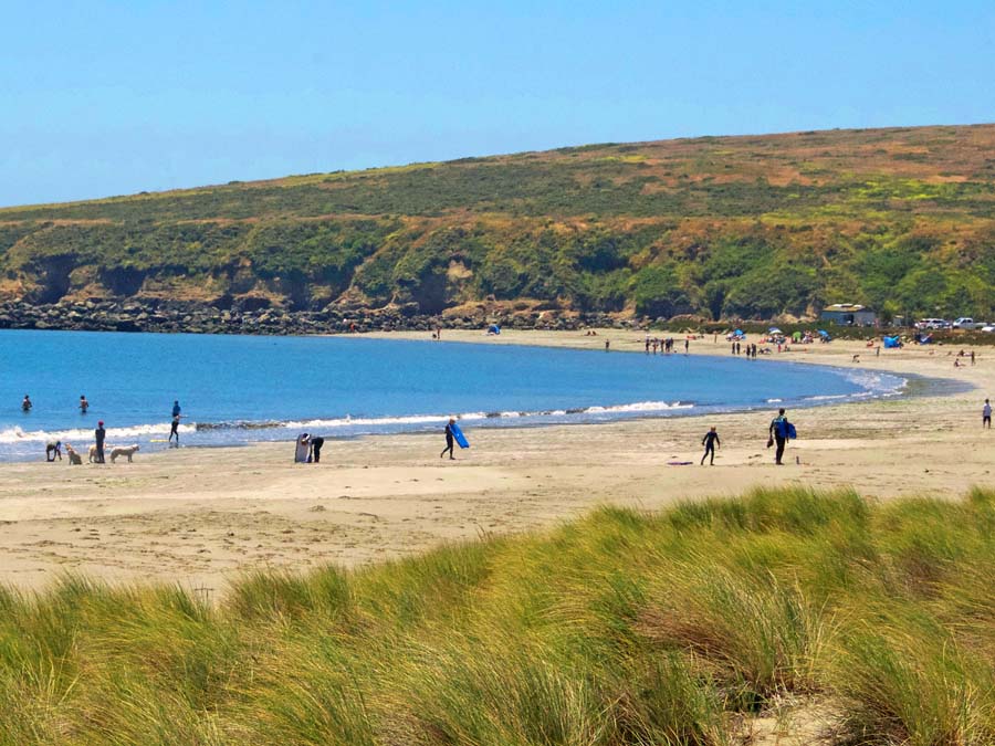 Peopple walk down the sandy beach in Sonoma County