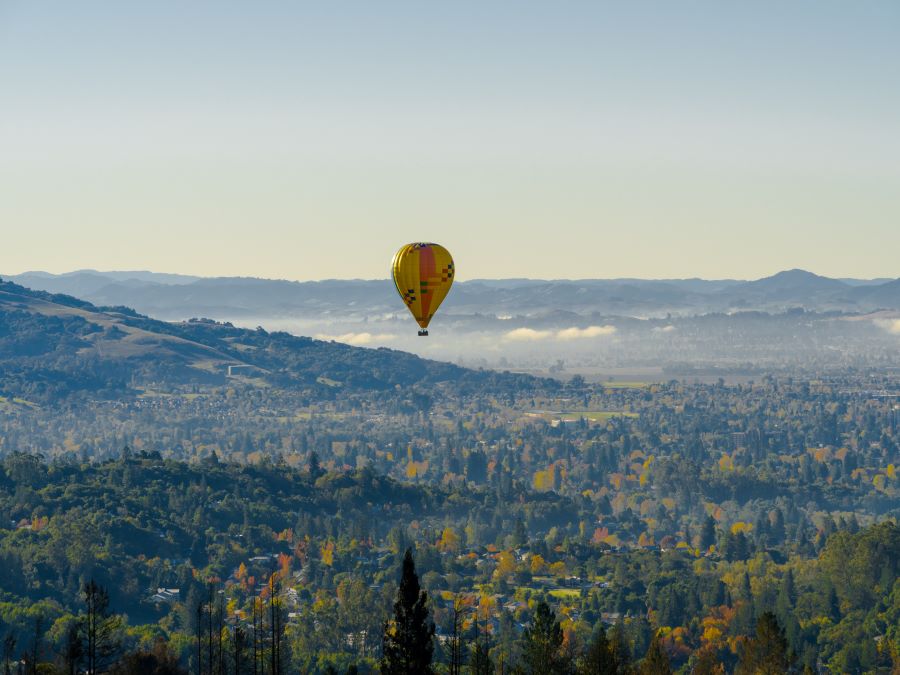 A balloon soars over the countryside