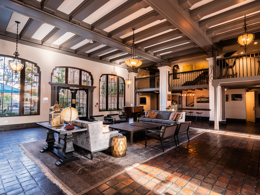 Wood beams and clay tiled floors in the Hotel Petaluma lobby