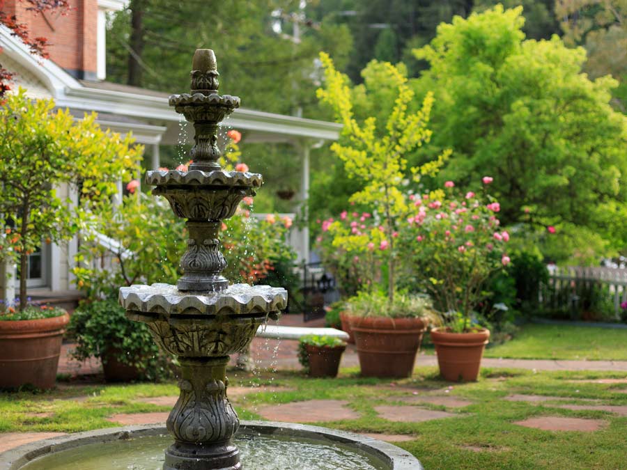 An outdoor fountain in the garden at the Inn at Occidental, Sonoma County