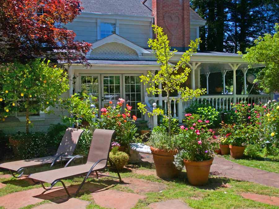 Lounge chairs in the gardening front of the Inn at Occidental, Occidental