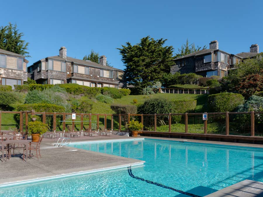 The pool at the Inn at the Tides on a sunny day, Bodega Bay