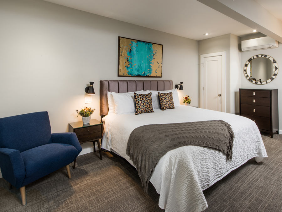 A luxuriously modern guest room at the Olea Hotel, Glen Ellen