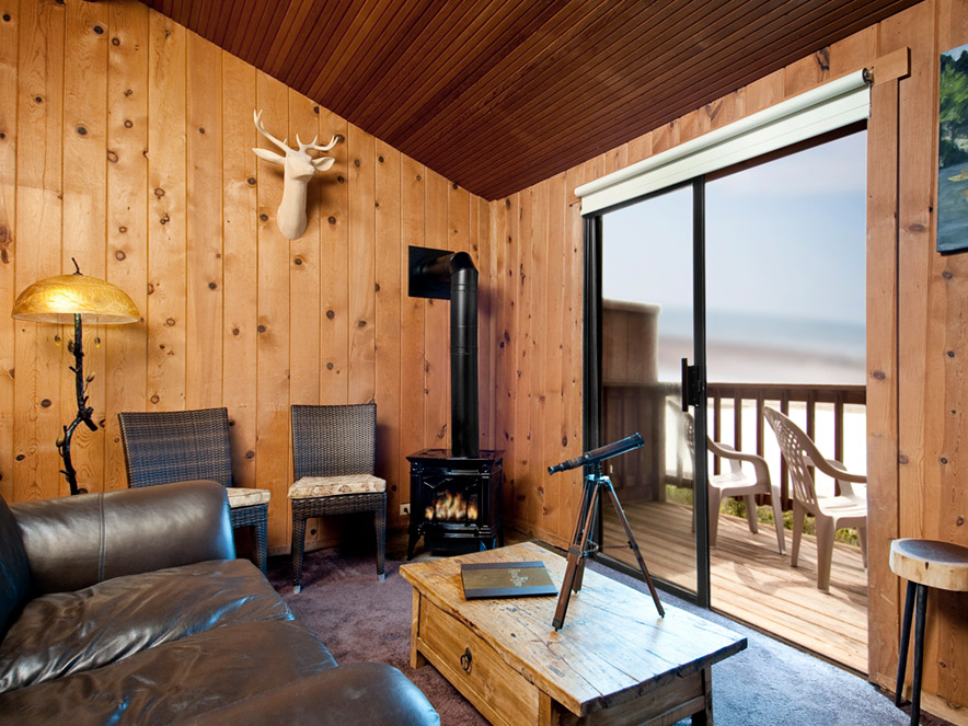 Wooden paneling on a coastal room at River's End Restaurant & Inn in Jenner, Sonoma County