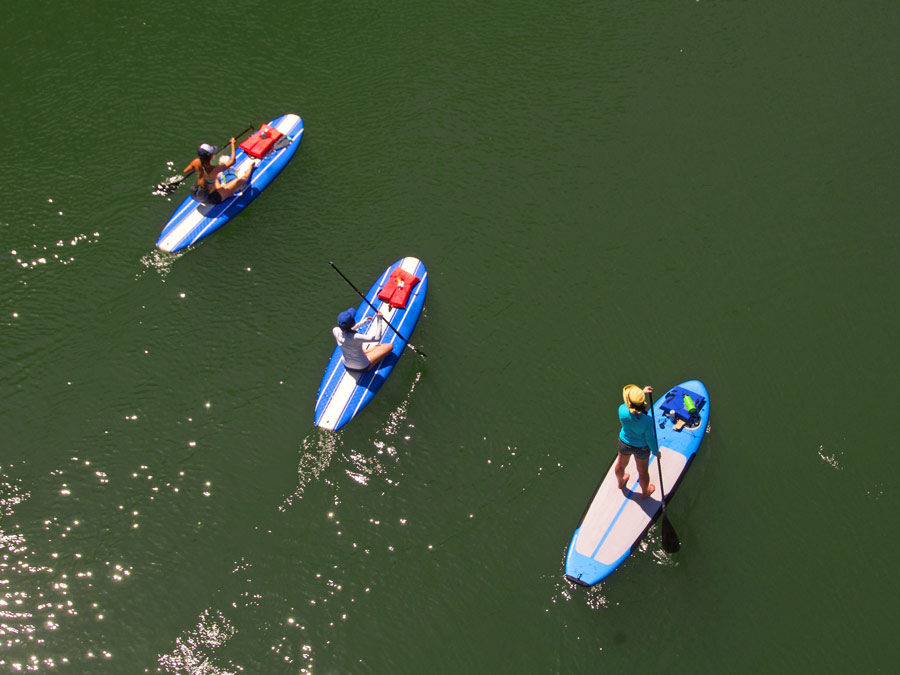 Three people paddle board in the Russian River in Sonoma County