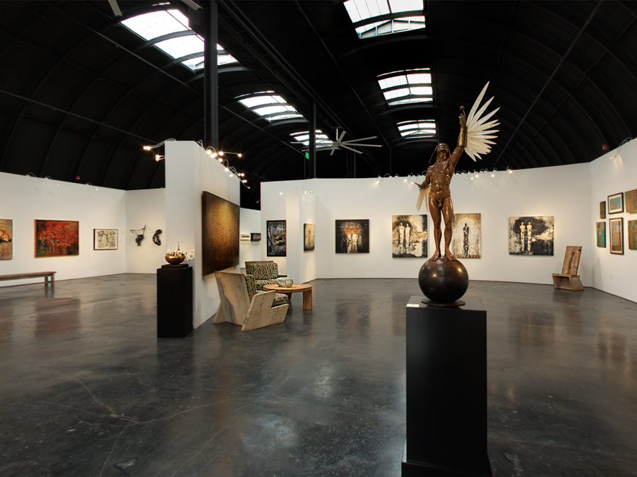 Sculptures on display inside a gallery