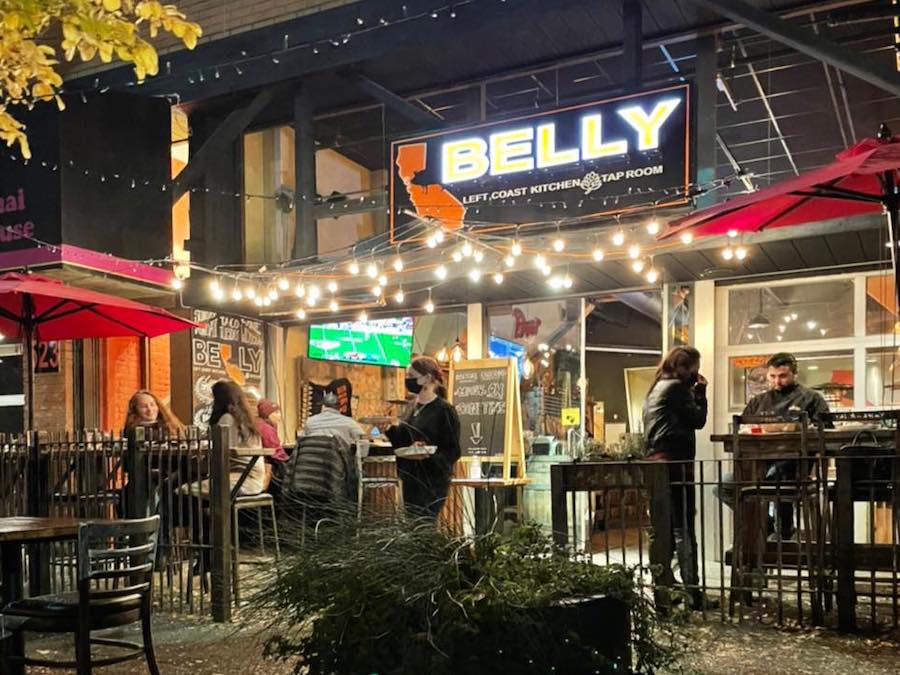 Exterior at night of Belly Left Coast Kitchen and Taproom in downtown Santa Rosa 