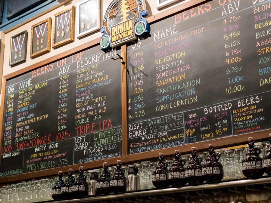 The chalkboard showing the many beers on tap at Russian River Brewing Company, Santa Rosa