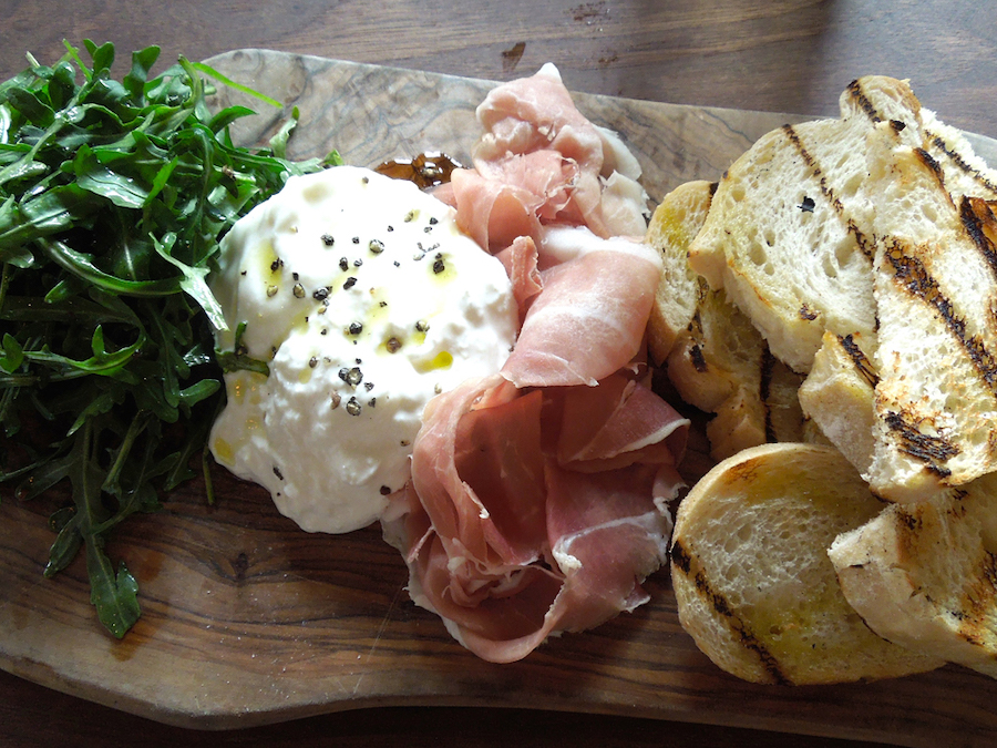 Burrata, prosciutto, and grilled bread from Catelli's in Geyserville