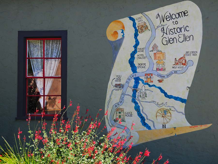 A mural of the historic town of Glen Ellen adorns a wall in town