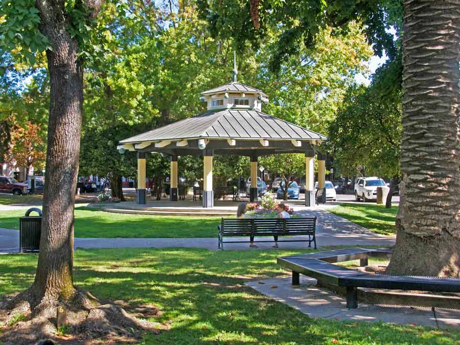 The gazebo in the Healdsburg plaza is a central point to the foodie destination in Sonoma County 