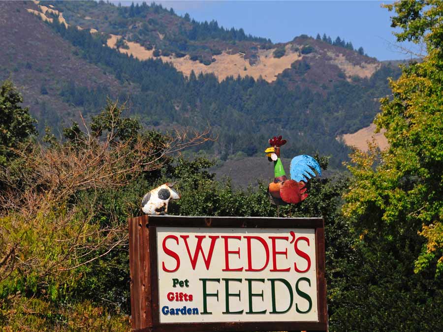 A sign for the garden store has sculptures of metal animals sitting on top