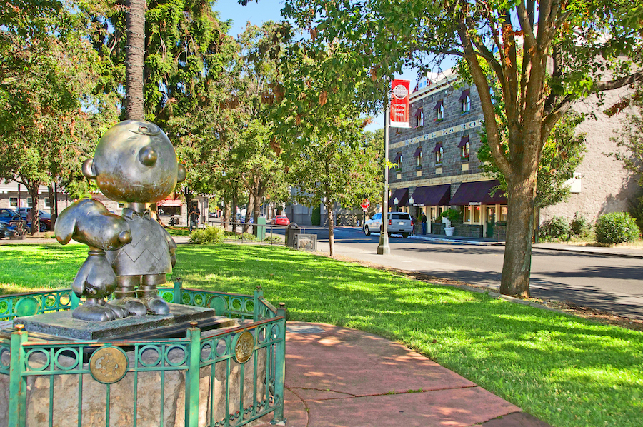 Peanuts character statues in Santa Rosa's Railroad Square 