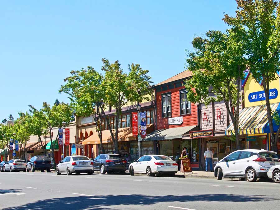 Colorful stores line Main Street in downtown Sebastopol, Sonoma County