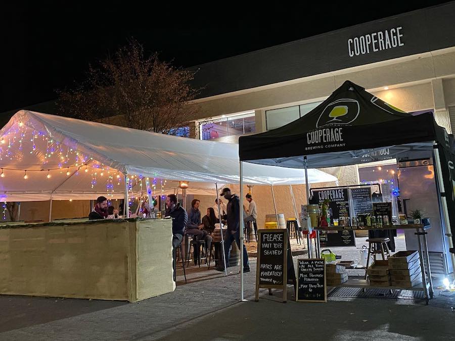 Beer garden at Cooperage Brewing Company in Santa Rosa at night