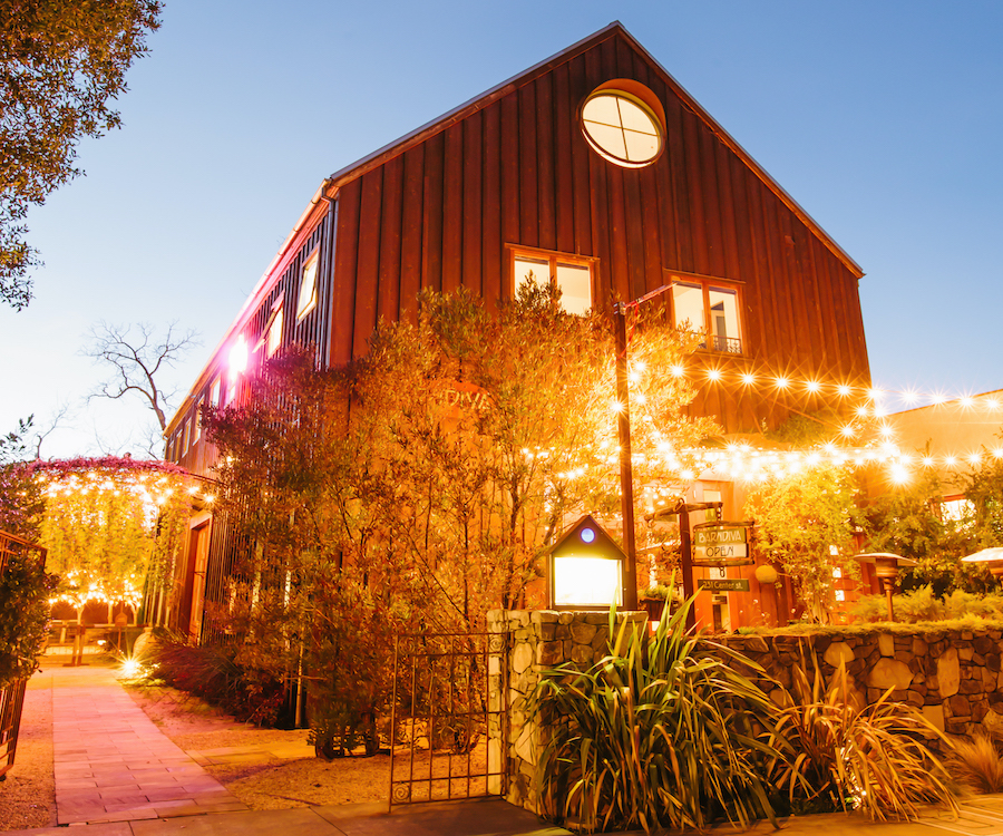 Exterior of Barndiva Restaurant in Healdsburg, California at night