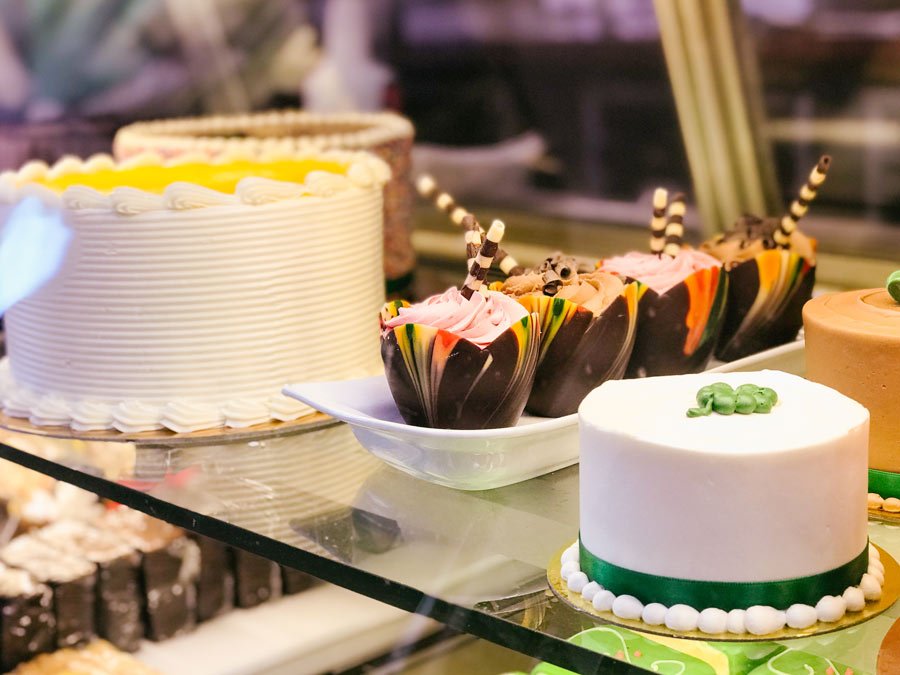 Delectable desserts in the display case at Costeaux French Bakery, Sonoma County