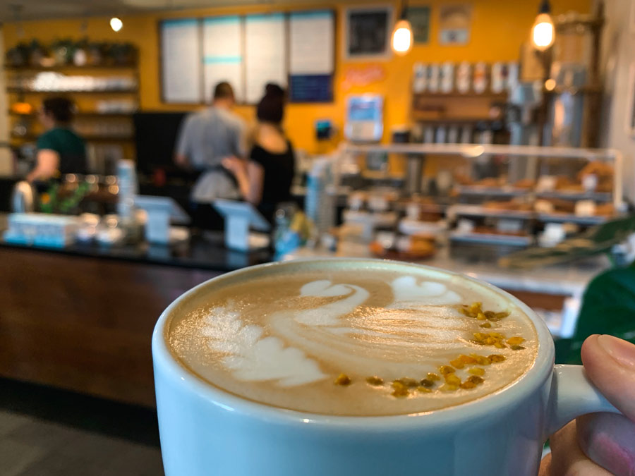 A person holds a mug with a decorated latte in it in Sonoma County