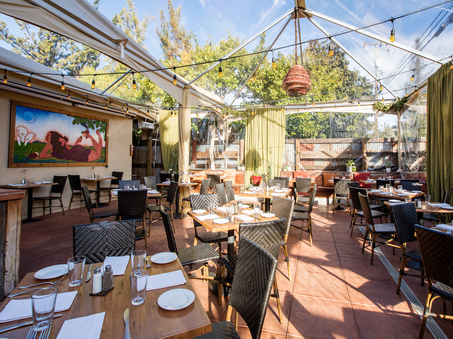 Sunny back patio at Sonoma's the girl & the fig restaurant 