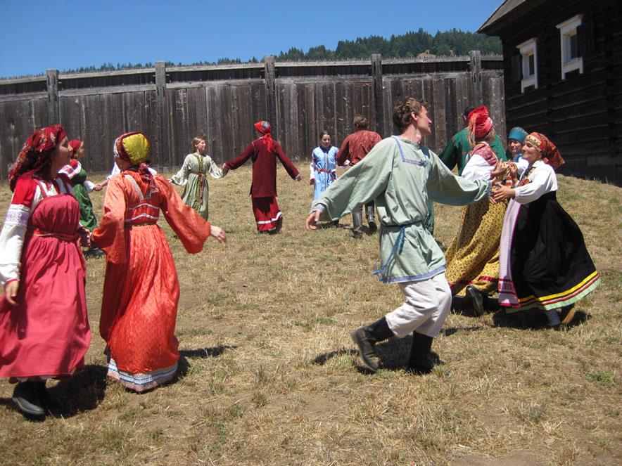 Dancers dressed in traditional Russian dress showcase traditional dances at Fort Ross cultural heritage day in Fort Ross, Sonoma County