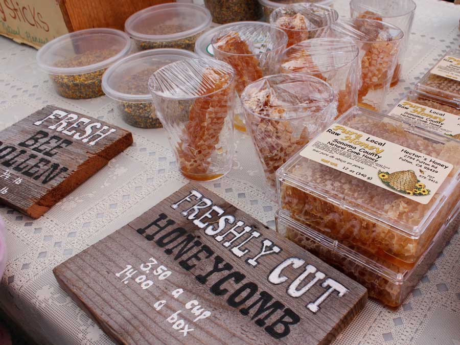 Honey comb and bee pollen for sale at the Healdsburg Farmers Market