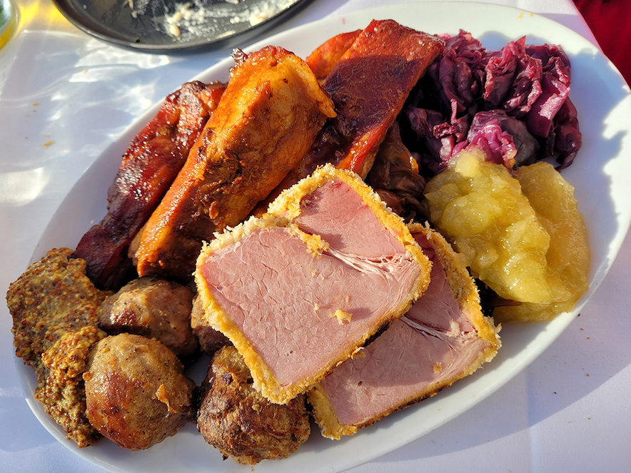 Mustard-baked Christmas ham (julskinka), Swedish meatballs, sausages, ginger-glazed spare ribs at Stockhome's annual julbord in Petaluma—Photo by Heather Irwin/Sonoma Magazine