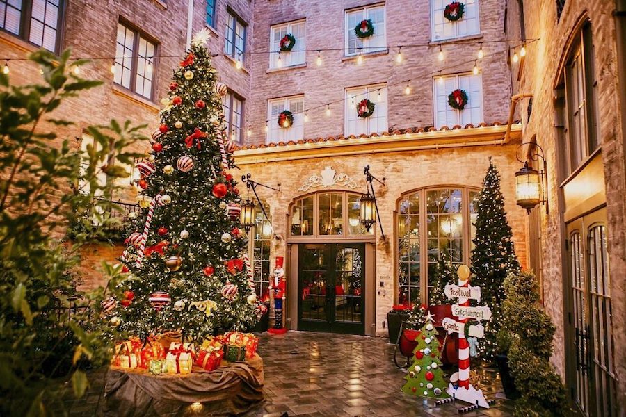 Christmas tree and decorations in the lobby of the Hotel Petaluma 