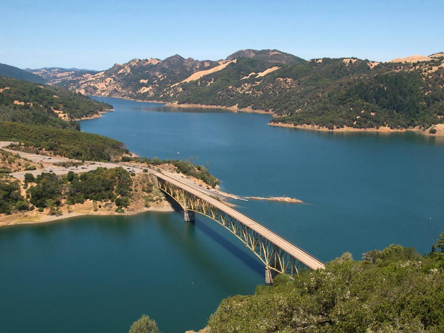 A view of the blue waters of Lake Sonoma Recreation Area from above in Sonoma County