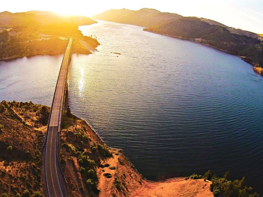 Picture of Lake Sonoma from overhead at sunset