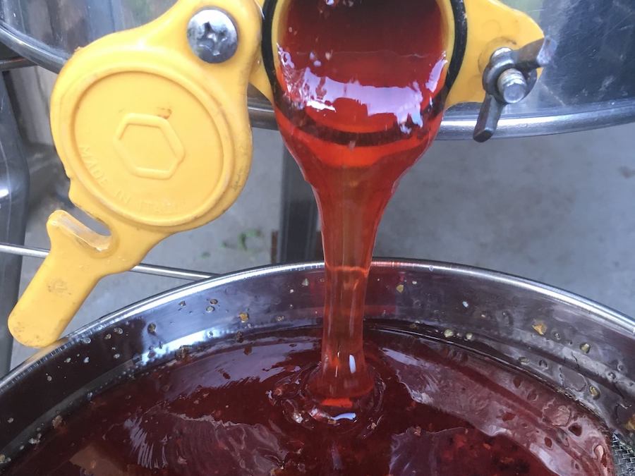 Red fruit preserves pouring from a still into a vat 