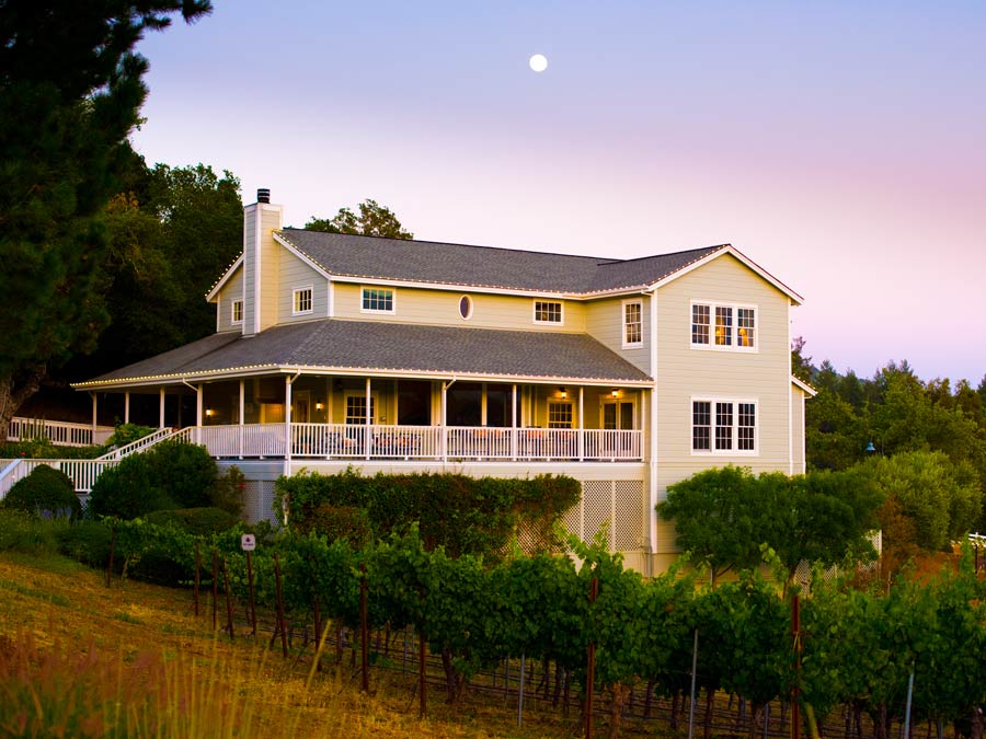 The tasting room shines in the setting sun