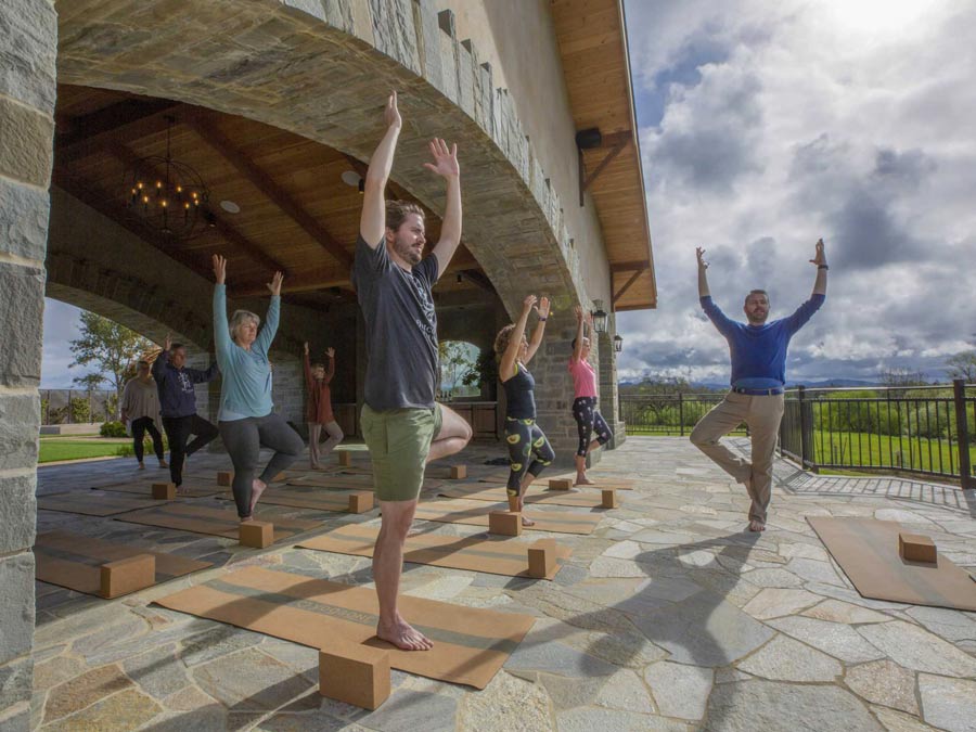 People practice yoga at a winery