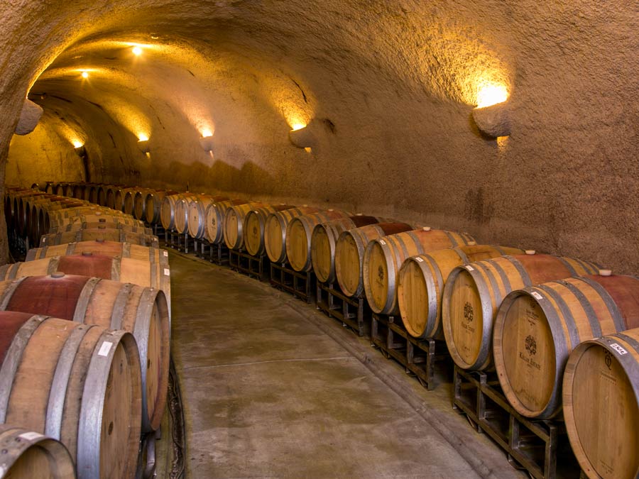 Barrels are lined up in a cave at Keller Estate Winery, Sonoma County