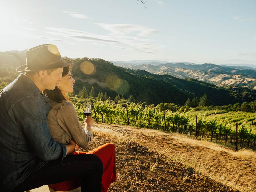 A couple overlooks vineyards in Dry Creek Valley AVA, Sonoma County