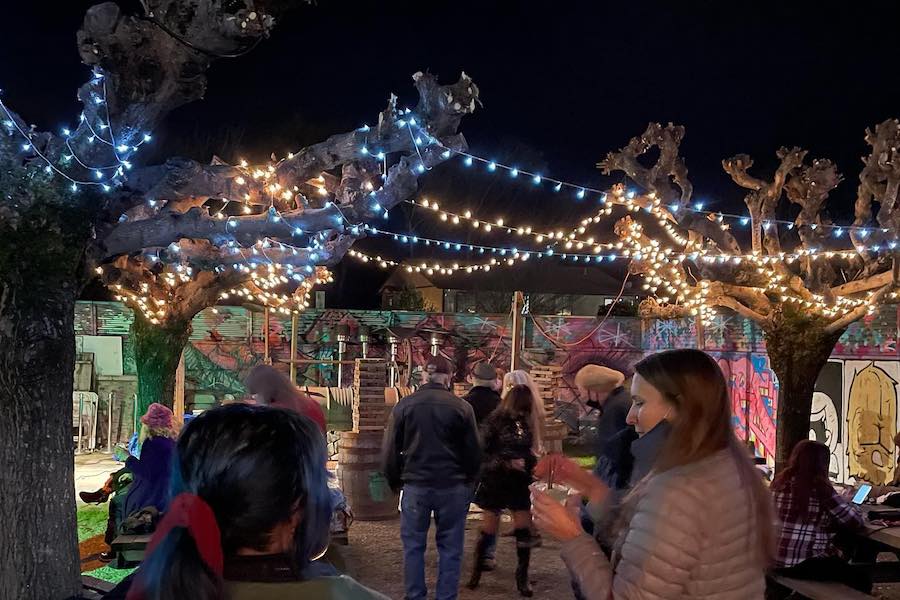 Nighttime on the light-strung patio at Whiskey Tip in Santa Rosa 