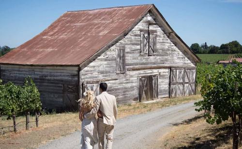 bride and groom walking towards barn along vineyards