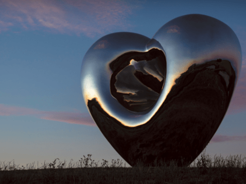 Huge chrome heart sculpture in a vineyard at The Donum Estate