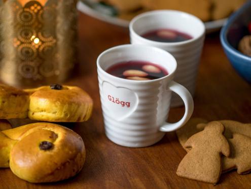 Glögg, or mulled wine, is a warm alcoholic beverage enjoyed by Swedes at Lucia celebrations (on Dec. 13) and during the weeks leading up to Christmas. It is usually served with raisins and blanched almonds added to the drink and tastes even better if you pair it with Swedish saffron buns and ginger cookies—Photo by Emelie Asplund/imagebank.sweden.se