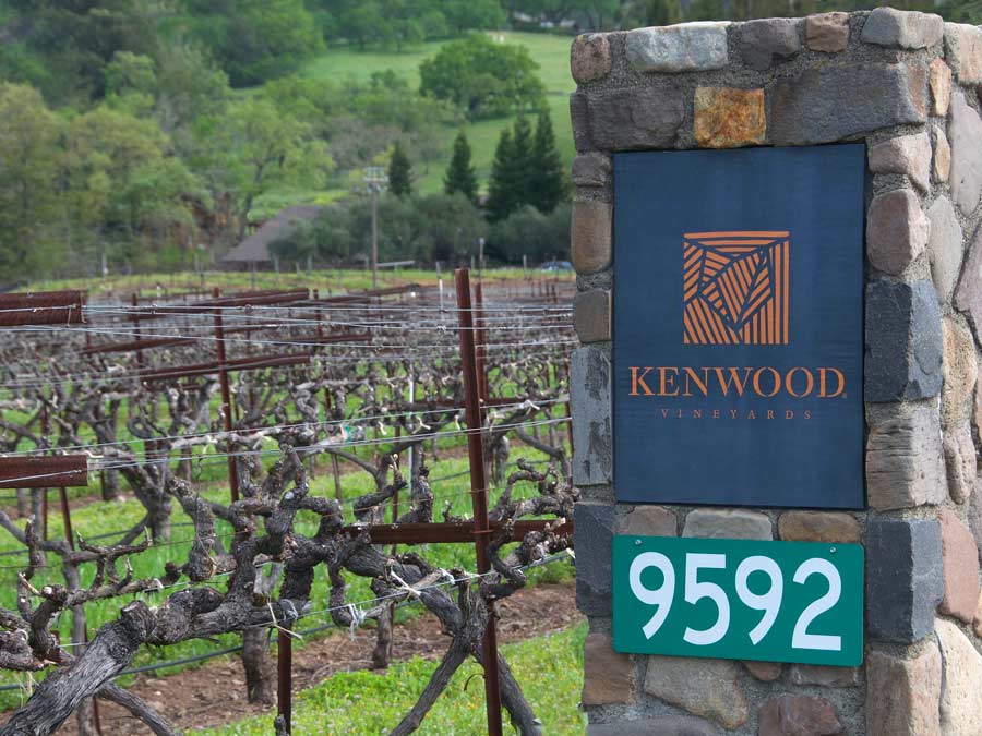 A stone post lines the driveway into the winery surrounded by vineyards